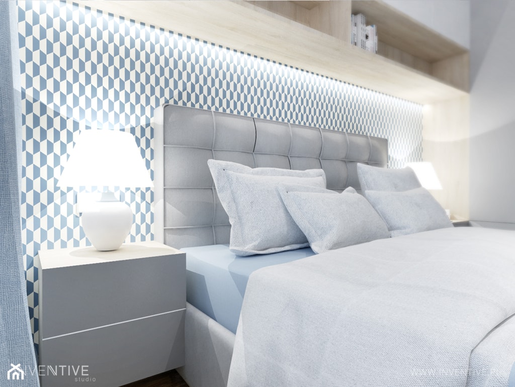 NIEBIESKA SZAROŚĆ - Średnia biała niebieska sypialnia, styl nowoczesny - zdjęcie od INVENTIVE studio - Homebook