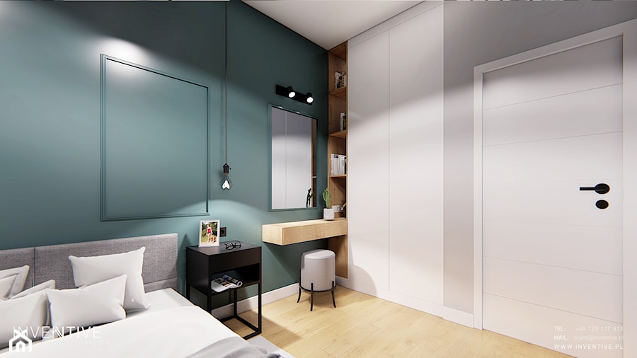 WARSZAWA URSYNÓW - Średnia niebieska szara sypialnia, styl nowoczesny - zdjęcie od INVENTIVE studio