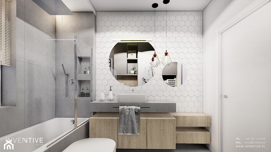 MIESZKANIE REMBERTÓW - Średnia bez okna z lustrem łazienka, styl minimalistyczny - zdjęcie od INVENTIVE studio