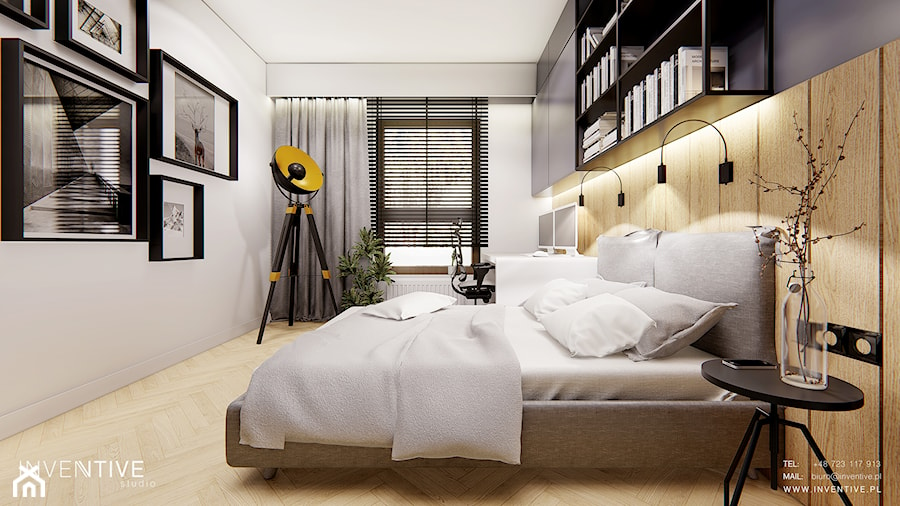 WARSZAWA Wilanów - Duża biała czarna z biurkiem sypialnia, styl nowoczesny - zdjęcie od INVENTIVE studio