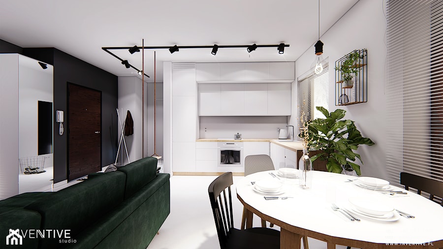 GDYNIA - Średnia otwarta z salonem biała z zabudowaną lodówką z lodówką wolnostojącą z podblatowym zlewozmywakiem kuchnia w kształcie litery l z oknem, styl minimalistyczny - zdjęcie od INVENTIVE studio