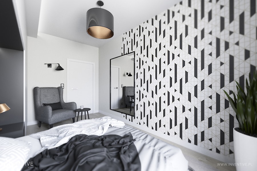 MIESZKANIE 70m2 w Łodzi - Średnia biała szara sypialnia, styl minimalistyczny - zdjęcie od INVENTIVE studio