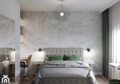 MARKI - Średnia szara z biurkiem sypialnia, styl minimalistyczny - zdjęcie od INVENTIVE studio
