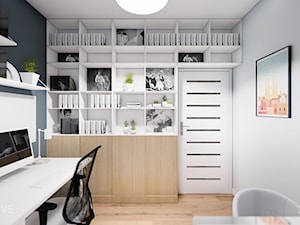 MIESZKANIE WOLA - Średnie w osobnym pomieszczeniu białe szare z fotografiami na ścianie biuro, styl skandynawski - zdjęcie od INVENTIVE studio