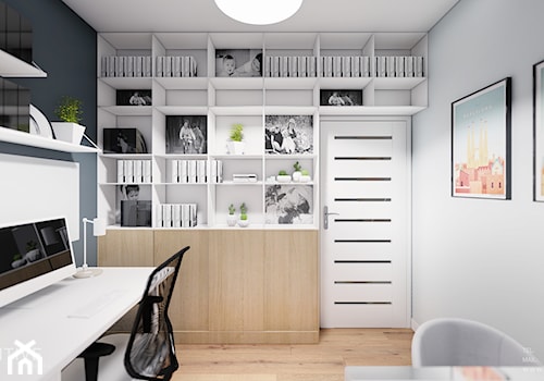 MIESZKANIE WOLA - Średnie w osobnym pomieszczeniu białe szare z fotografiami na ścianie biuro, styl ... - zdjęcie od INVENTIVE studio