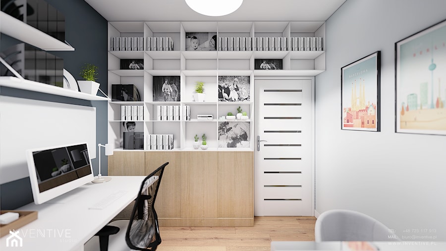 MIESZKANIE WOLA - Średnie w osobnym pomieszczeniu białe szare z fotografiami na ścianie biuro, styl skandynawski - zdjęcie od INVENTIVE studio