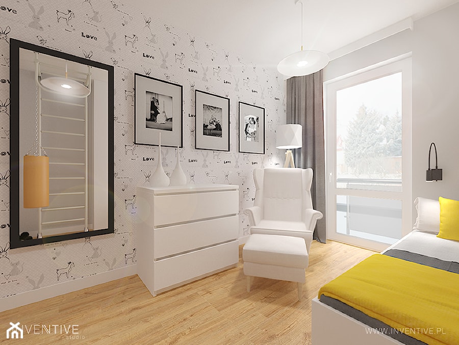 MIESZKANIE DWUPOZIOMOWE z miętowym akcentem - Średnia szara sypialnia, styl nowoczesny - zdjęcie od INVENTIVE studio
