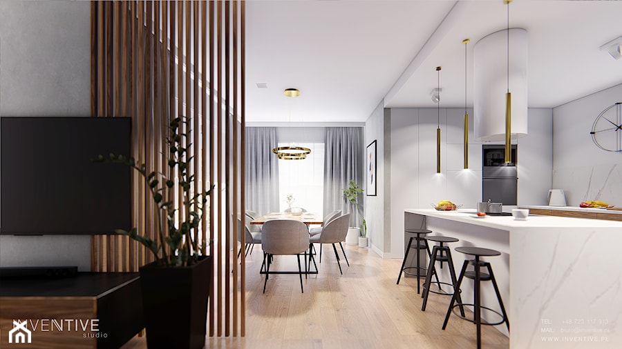 MAKÓW MAZOWIECKI - Mały szary salon z kuchnią z jadalnią, styl nowoczesny - zdjęcie od INVENTIVE studio