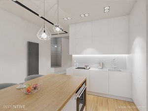 PRZYTULNY MINIMALIZM - Średnia z salonem biała z zabudowaną lodówką z podblatowym zlewozmywakiem kuchnia w kształcie litery l z wyspą lub półwyspem, styl minimalistyczny - zdjęcie od INVENTIVE studio