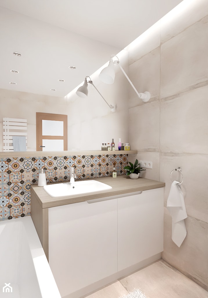 BEŻOWA ŁAZIENKA - Średnia bez okna z lustrem z punktowym oświetleniem łazienka, styl rustykalny - zdjęcie od INVENTIVE studio
