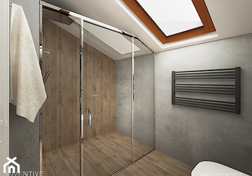 PROJEKT DOMU - Mała na poddaszu łazienka z oknem, styl industrialny - zdjęcie od INVENTIVE studio