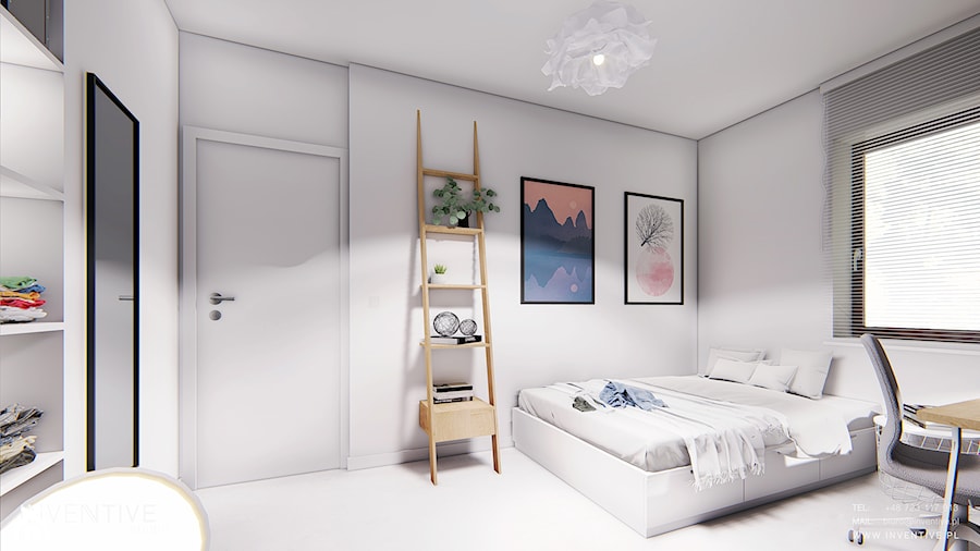 GDYNIA - Średnia biała z biurkiem sypialnia, styl minimalistyczny - zdjęcie od INVENTIVE studio