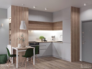MARKI - Mała otwarta z salonem szara z zabudowaną lodówką z lodówką wolnostojącą z nablatowym zlewozmywakiem kuchnia w kształcie litery l, styl minimalistyczny - zdjęcie od INVENTIVE studio