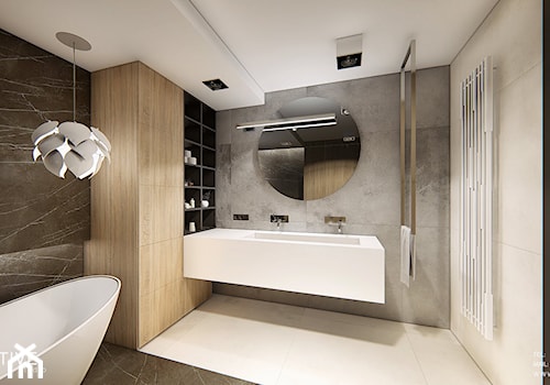 DOM W PŁOCKU - Duża bez okna z lustrem z dwoma umywalkami z marmurową podłogą z punktowym oświetleniem łazienka, styl nowoczesny - zdjęcie od INVENTIVE studio