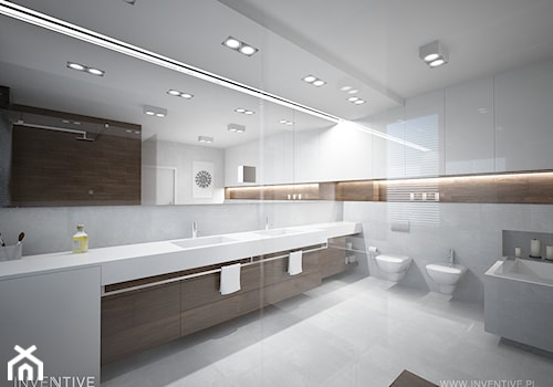 DREWNIANY AKECENT - Duża bez okna jako pokój kąpielowy z lustrem z dwoma umywalkami z punktowym oświetleniem łazienka, styl minimalistyczny - zdjęcie od INVENTIVE studio