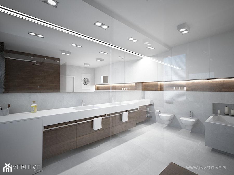 DREWNIANY AKECENT - Duża bez okna jako pokój kąpielowy z lustrem z dwoma umywalkami z punktowym oświetleniem łazienka, styl minimalistyczny - zdjęcie od INVENTIVE studio