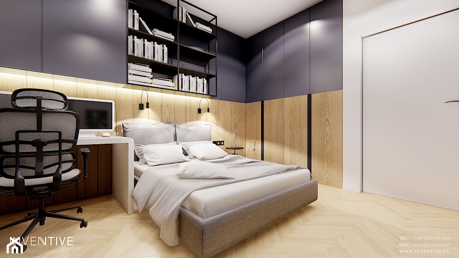 WARSZAWA Wilanów - Średnia szara z biurkiem sypialnia, styl nowoczesny - zdjęcie od INVENTIVE studio