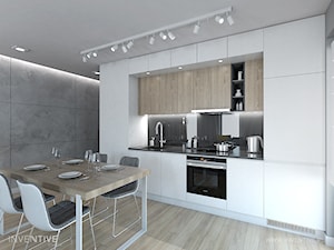 WESOŁY MINIMALIZM - Mała z salonem szara z zabudowaną lodówką z podblatowym zlewozmywakiem kuchnia jednorzędowa, styl minimalistyczny - zdjęcie od INVENTIVE studio