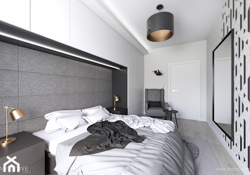 MIESZKANIE 70m2 w Łodzi - Duża biała czarna szara sypialnia, styl minimalistyczny - zdjęcie od INVENTIVE studio