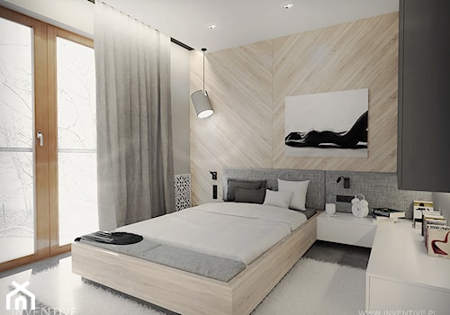 HARMONIJNIE - Średnia szara sypialnia z balkonem / tarasem, styl nowoczesny - zdjęcie od INVENTIVE studio