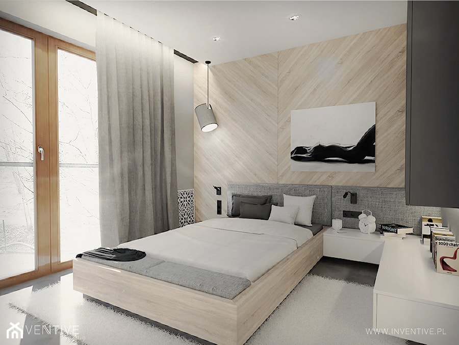 HARMONIJNIE - Średnia szara sypialnia z balkonem / tarasem, styl nowoczesny - zdjęcie od INVENTIVE studio