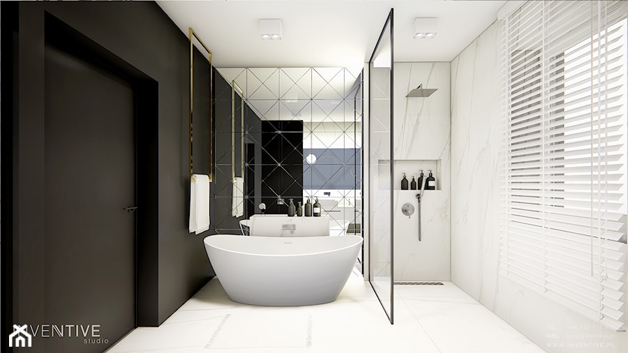 MAKÓW MAZOWIECKI - Średnia z lustrem z marmurową podłogą z punktowym oświetleniem łazienka z oknem, styl nowoczesny - zdjęcie od INVENTIVE studio