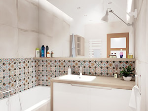BEŻOWA ŁAZIENKA - Mała na poddaszu bez okna z lustrem z punktowym oświetleniem łazienka, styl rustykalny - zdjęcie od INVENTIVE studio