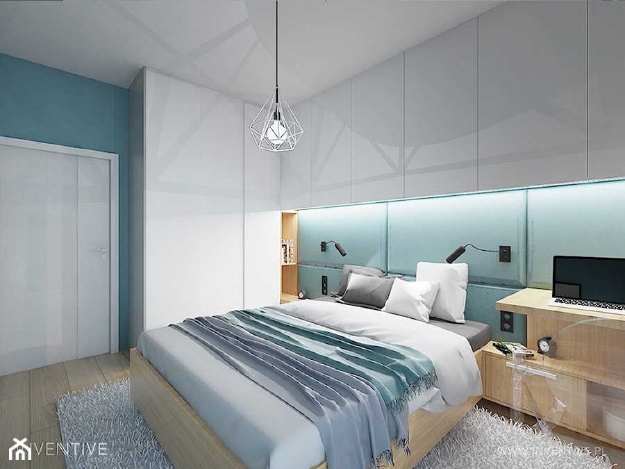 KONTRASTY - Średnia niebieska z biurkiem sypialnia, styl nowoczesny - zdjęcie od INVENTIVE studio