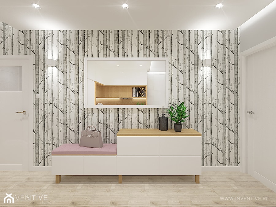 Mieszkanie z różowym akcentem. - Średni biały hol / przedpokój, styl skandynawski - zdjęcie od INVENTIVE studio