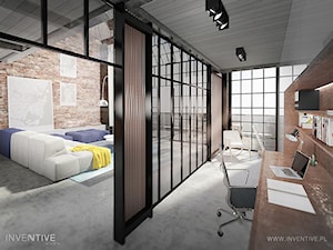 LOFTOWO INDUSTRIALNIE - Średnie w osobnym pomieszczeniu z zabudowanym biurkiem brązowe szare biuro, styl industrialny - zdjęcie od INVENTIVE studio