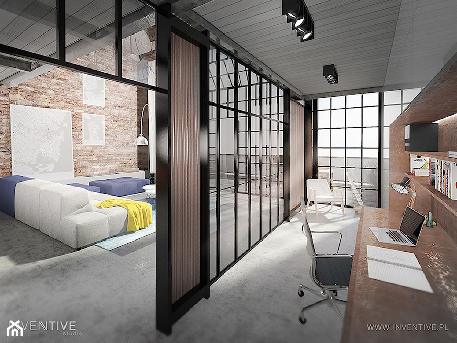 LOFTOWO INDUSTRIALNIE - Średnie w osobnym pomieszczeniu z zabudowanym biurkiem brązowe szare biuro, styl industrialny - zdjęcie od INVENTIVE studio