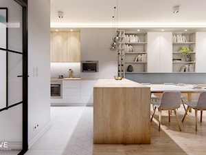 DOM BIAŁOŁĘKA - Duża otwarta z salonem szara z zabudowaną lodówką kuchnia w kształcie litery l, styl nowoczesny - zdjęcie od INVENTIVE studio