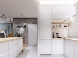 DOM BIAŁOŁĘKA - Średnia otwarta szara z lodówką wolnostojącą z nablatowym zlewozmywakiem kuchnia w kształcie litery g z oknem, styl nowoczesny - zdjęcie od INVENTIVE studio