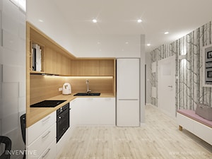 Mieszkanie z różowym akcentem. - Średnia otwarta z zabudowaną lodówką z lodówką wolnostojącą z nablatowym zlewozmywakiem kuchnia w kształcie litery l, styl skandynawski - zdjęcie od INVENTIVE studio