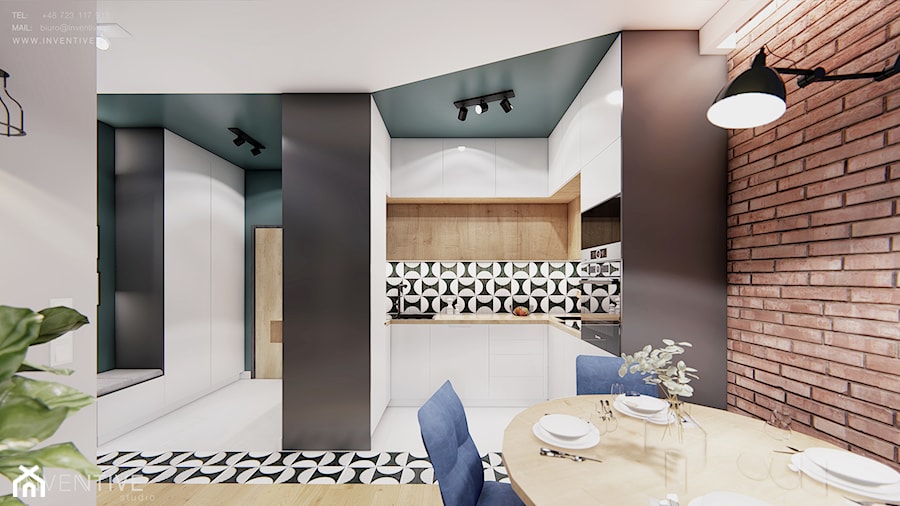 WARSZAWA URSYNÓW - Średnia otwarta czarna z zabudowaną lodówką z podblatowym zlewozmywakiem kuchnia w kształcie litery u, styl nowoczesny - zdjęcie od INVENTIVE studio