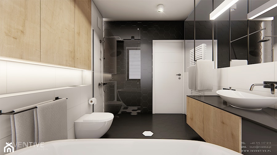 DOM BIAŁOŁĘKA - Średnia z lustrem z punktowym oświetleniem łazienka z oknem, styl nowoczesny - zdjęcie od INVENTIVE studio