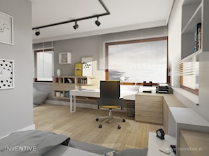 ŻÓŁTY AKCENT- pokój młodzieżowy - Duże w osobnym pomieszczeniu z sofą z zabudowanym biurkiem szare biuro, styl nowoczesny - zdjęcie od INVENTIVE studio
