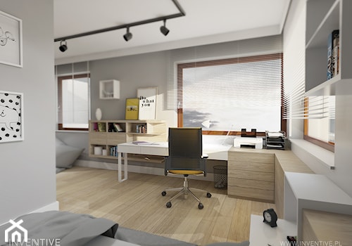 ŻÓŁTY AKCENT- pokój młodzieżowy - Duże w osobnym pomieszczeniu z sofą z zabudowanym biurkiem szare biuro, styl nowoczesny - zdjęcie od INVENTIVE studio