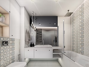MIESZKANIE URSUS - dwa poziomy - Średnia biała czarna łazienka w bloku w domu jednorodzinnym bez okn ... - zdjęcie od INVENTIVE studio