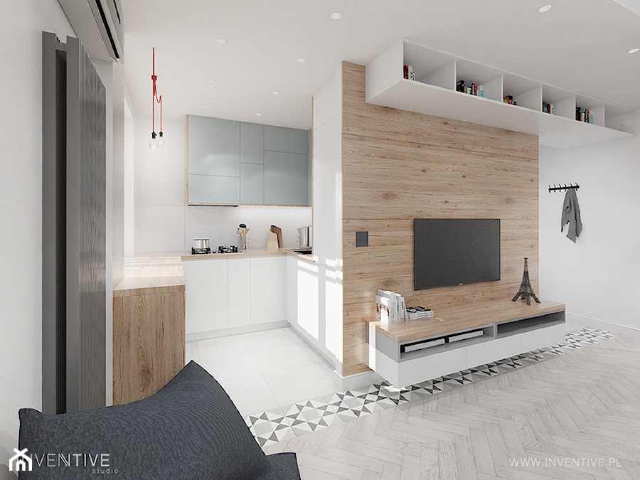 INDUSTRIALNIE - Biały salon z kuchnią, styl industrialny - zdjęcie od INVENTIVE studio