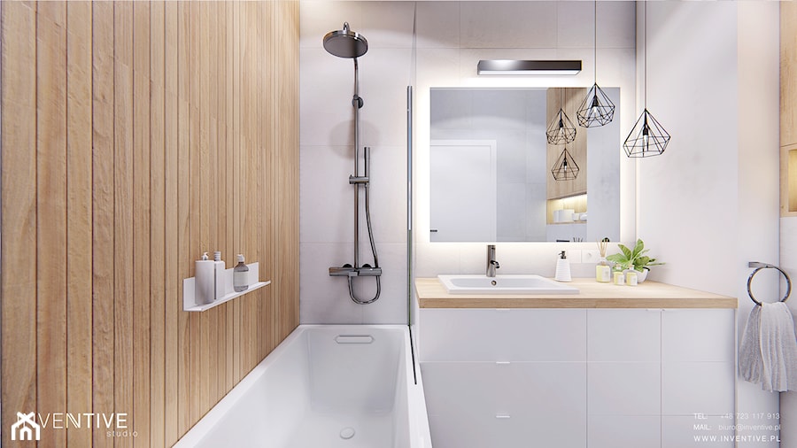 WARSZAWA BEMOWO - Mała bez okna z lustrem łazienka, styl nowoczesny - zdjęcie od INVENTIVE studio