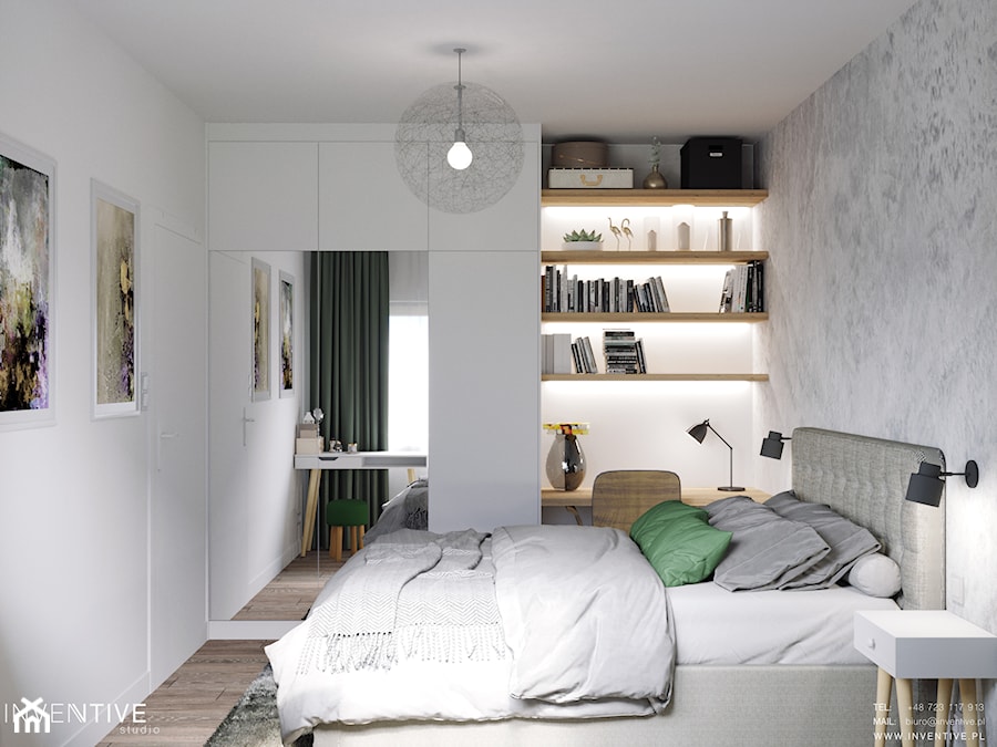 MARKI - Średnia biała szara sypialnia, styl minimalistyczny - zdjęcie od INVENTIVE studio
