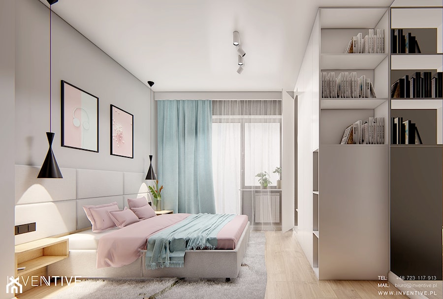 DOM BIAŁOŁĘKA - Średnia szara sypialnia z balkonem / tarasem, styl nowoczesny - zdjęcie od INVENTIVE studio