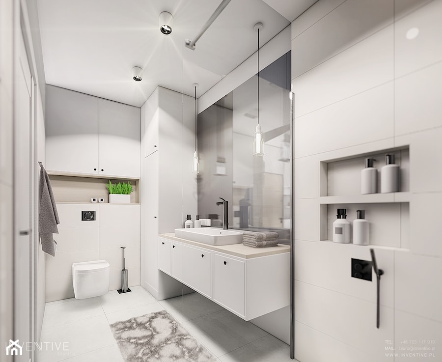 MIESZKANIE URSUS - dwa poziomy - Średnia bez okna z lustrem z punktowym oświetleniem łazienka, styl tradycyjny - zdjęcie od INVENTIVE studio