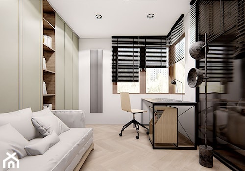 APARTAMENT Z ZAOKRĄGLONYMI NAROŻNIKAMI - Średnie w osobnym pomieszczeniu z sofą białe biuro, styl minimalistyczny - zdjęcie od INVENTIVE studio