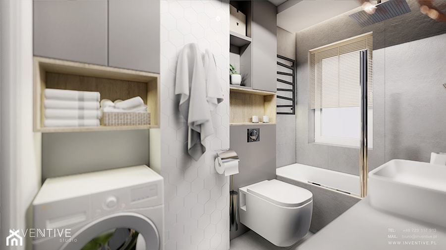 MIESZKANIE REMBERTÓW - Średnia z pralką / suszarką łazienka z oknem, styl minimalistyczny - zdjęcie od INVENTIVE studio