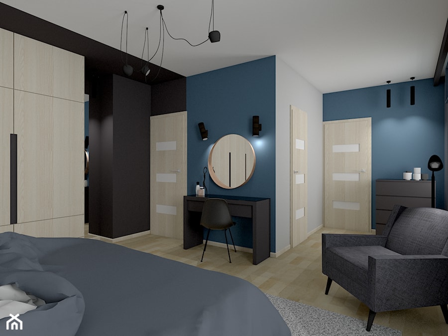 MIESZKANIE W LUBLINIE, SYPIALNIA - Duża biała czarna niebieska sypialnia - zdjęcie od SPATIO Projektowanie Wnętrz
