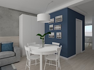 MIESZKANIE LUBIN - Biały niebieski szary salon z jadalnią - zdjęcie od SPATIO Projektowanie Wnętrz
