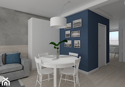 MIESZKANIE LUBIN - Biały niebieski szary salon z jadalnią - zdjęcie od SPATIO Projektowanie Wnętrz