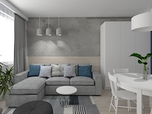 MIESZKANIE LUBIN - Mały biały niebieski szary salon z jadalnią - zdjęcie od SPATIO Projektowanie Wnętrz